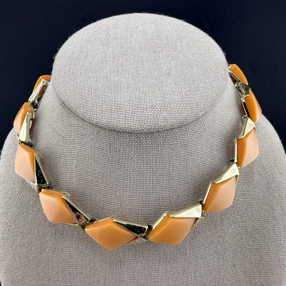 Vintage Thermoset Necklace Orange Gold Tone MCM Geometric Choker 15